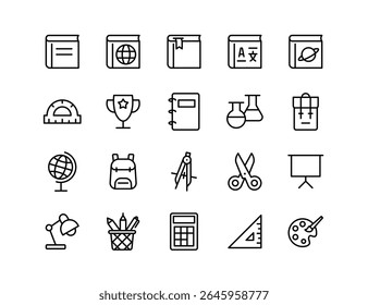 Education Learning Vector Icon Set | Adjustable Line Weight | Book, globe, notebook, scissors, calculator, ruler, backpack, classroom, stationery, chemistry, trophy, art, presentation icons