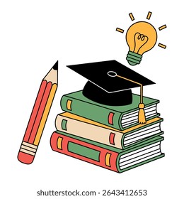 Education and Learning Vector Illustration – Books, Graduation Cap, Pencil, and Idea Bulb

