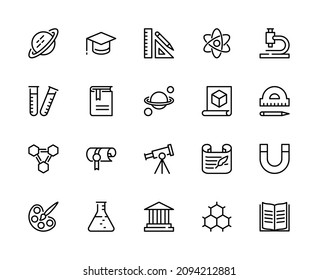 Education and learning vector linear icons. History, geography, mathematics, physics, biology, astronomy, literature, chemistry and much more. Isolated collection of education icons for websites.