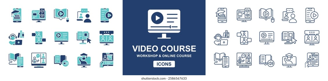 education learning video conference icon set online workshop lecture course digital seminar classroom discussion presentation read and learn book signs vector line illustration