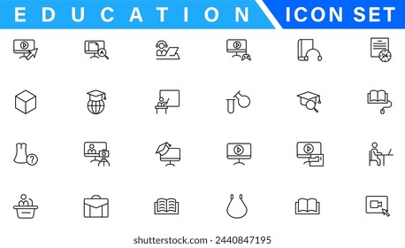 Education and Learning web icons in line style. School, university, textbook, learning. Vector illustration.