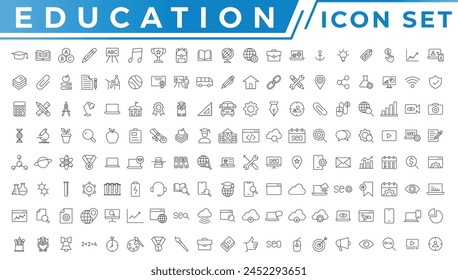 Bildung- und Lernwebsymbole im Linienstil. Schule, Universität, Lehrbuch, Lernen. Vektorillustration