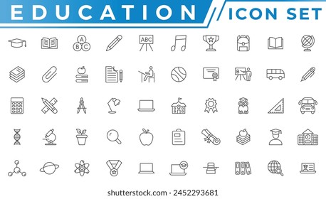 Education and Learning web icons in line style. School, university, textbook, learning. Vector illustration
