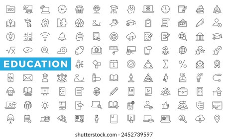 Bildung- und Lernwebsymbole im Linienstil. Schule, Universität, Lehrbuch, Lernen. Vektorillustration