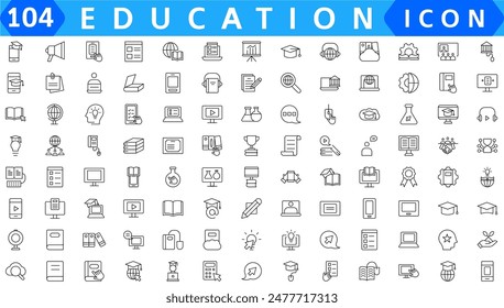 Educación y aprendizaje de iconos web en estilo de línea. Escuela, universidad, libro de texto, aprendizaje. Ilustración vectorial.