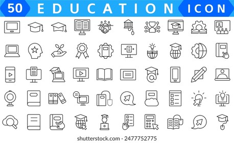 Educación y aprendizaje de iconos web en estilo de línea. Escuela, universidad, libro de texto, aprendizaje. Ilustración vectorial.