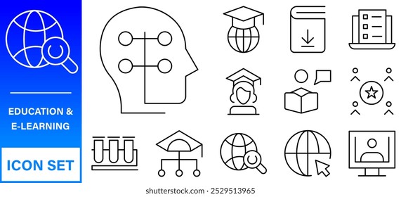 Web-Symbole für Bildung und Lernen im Linienstil. Schule, Universität, Lehrbuch, Lernen. Vektorgrafik.