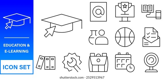 Education and Learning web icons in line style. School, university, textbook, learning. Vector illustration.