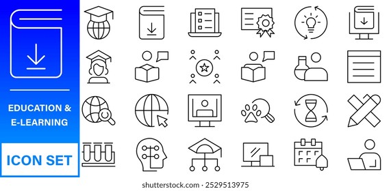 Education and Learning web icons in line style. School, university, textbook, learning. Vector illustration.