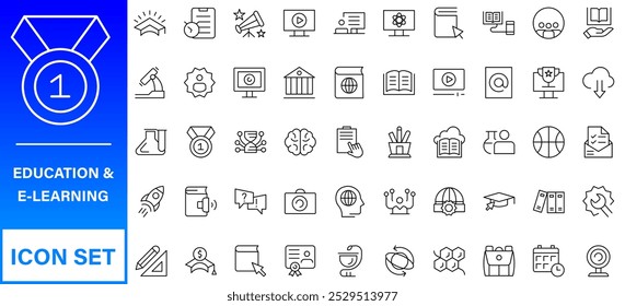 Web-Symbole für Bildung und Lernen im Linienstil. Schule, Universität, Lehrbuch, Lernen. Vektorgrafik.