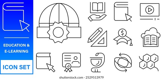 Web-Symbole für Bildung und Lernen im Linienstil. Schule, Universität, Lehrbuch, Lernen. Vektorgrafik.