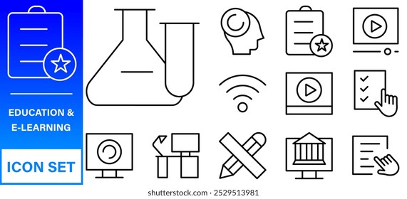 Web-Symbole für Bildung und Lernen im Linienstil. Schule, Universität, Lehrbuch, Lernen. Vektorgrafik.