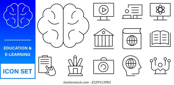 Web-Symbole für Bildung und Lernen im Linienstil. Schule, Universität, Lehrbuch, Lernen. Vektorgrafik.