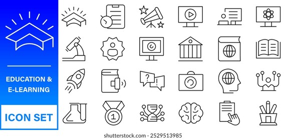 Web-Symbole für Bildung und Lernen im Linienstil. Schule, Universität, Lehrbuch, Lernen. Vektorgrafik.