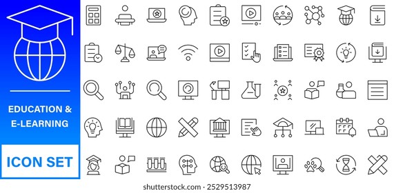 Web-Symbole für Bildung und Lernen im Linienstil. Schule, Universität, Lehrbuch, Lernen. Vektorgrafik.