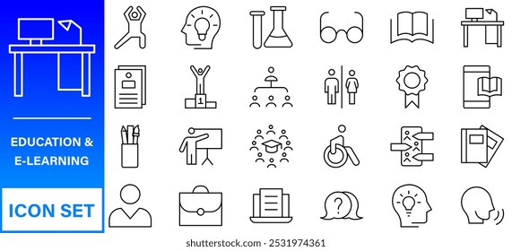 Education and Learning web icons in line style. Online Education Line Outline Icon Set Vector. Editable Stroke.