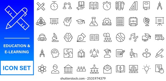 Educación y aprendizaje de iconos web en estilo de línea. Vector de conjunto de iconos de contorno de línea de Educación en línea. Trazo Editable.