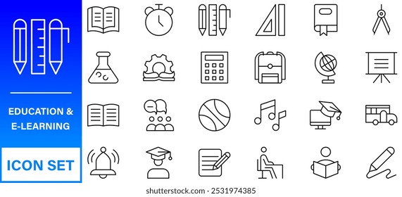 Education and Learning web icons in line style. Online Education Line Outline Icon Set Vector. Editable Stroke.