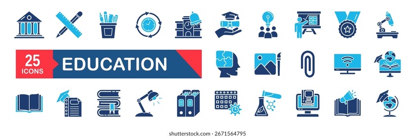 Conjunto de ícones da Web de Educação e Aprendizagem. De volta à escola. Contendo escola, sucesso, universidade, livro didático, aprendizado, matérias acadêmicas e muito mais. Conjunto de ícones simples da Web