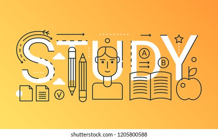 Education learning word trendy composition concept banner. Outline stroke e-learning, online course. Flat line icons lettering typography.