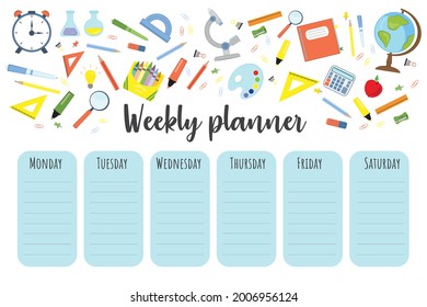 Education Lessons Plan. Template School Timetable For Students Or Pupils. Timetable For Elementary School. Weekly Planner Template With Cartoon School Objects And Symbols.