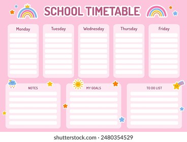 Education lessons plan. Template school timetable for students or pupils. Timetable for elementary school. Weekly planner template. School timetable, weekly classes schedule. Back to school planner.