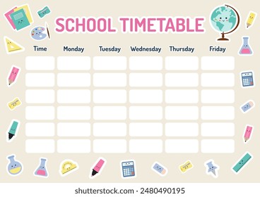 Education lessons plan. Template school timetable for students, pupils. Timetable for elementary school. Weekly planner for kids. School timetable, weekly classes schedule. Back to school planner.