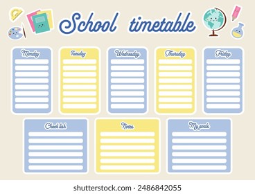 Education lessons plan. Template school timetable for students or pupils. Timetable for elementary school. Weekly planner template with cartoon school objects and symbols. Back to school planner.