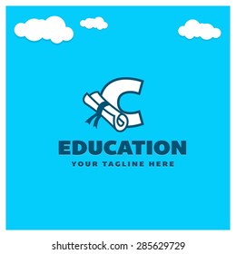 Education Letter C logo , University logo template on blue cloud background . Place for Company name and tag line . white Degree logo - vector illustration