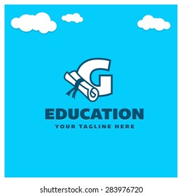 Education Letter G logo , University logo template on blue cloud background . Place for Company name and tag line . white Degree logo - vector illustration