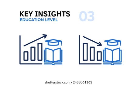 Education Level Trends Analysis: Graphs Going Up and Down with an Arrow and a Book and Academic Hat Thin Line Icon, Vector Illustrations of Population Learning Achievement and Literacy Graphics