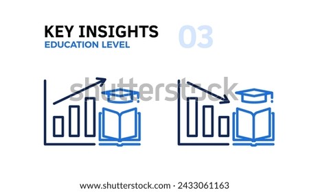 Education Level Trends Analysis: Graphs Going Up and Down with an Arrow and a Book and Academic Hat Thin Line Icon, Vector Illustrations of Population Learning Achievement and Literacy Graphics