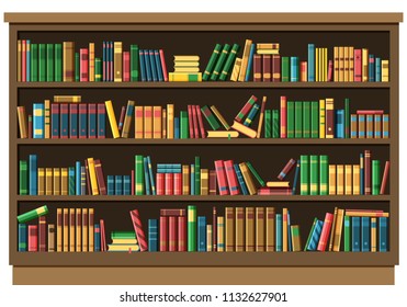Education library book store concept. Vector illustration seamless pattern background retro bookshelf in flat style.Books on wooden bookshelf.