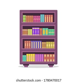 Education library book store concept. A large library has a wooden bookcase full of folded books standing on bookshelves. Wooden bookshelves isolated on white background. Vector illustration, eps 10.