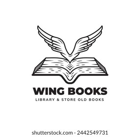 Education library and store logo design with combination between book and wings isolated on white background. retro idean with line style and black white color