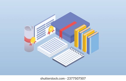 Education license certificate graduation. Micro people with large cap book, graduate certificate. Creative people collection.on blue background.3D design.isometric vector design Illustration.