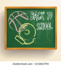 Education light background with sketch ball and school bell on green chalkboard isolated vector illustration
