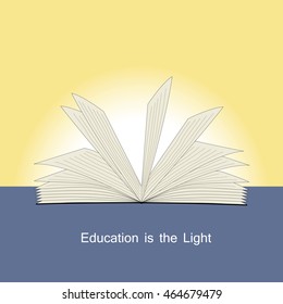 Education is the light. The Big Book of Knowledge on the backdrop of the rising sun. Vector illustration.