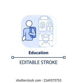 Icono de concepto azul claro de la educación. Ilustración de línea delgada de la idea abstracta de la aplicación de la tecnología biométrica. Seguimiento de la asistencia. Dibujo de contorno aislado. Trazo editable. Fuentes Arial, Myriad Pro-Bold utilizadas