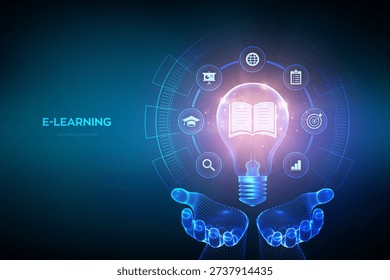 Education. Light bulb with book icon inside in hands. Innovative online education technology concept. E-learning. Webinar, teaching, online training courses. Skill development. Vector illustration.