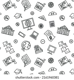 Education Line Art Concept Of Learning Online, Remote Studying In University, School, Academic Degree, Web Technology. Seamless Vector Pattern Illustration With Distance Educations Icons And Graphics.