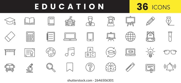 Education Line Art Icon Set – Minimal Outline Icons of Learning, Teaching and Academic Elements