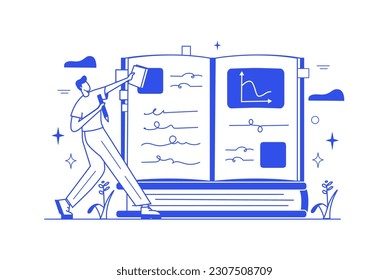 Education line concept with people scene in the flat cartoon design. The guy reads books and takes notes. Vector illustration.