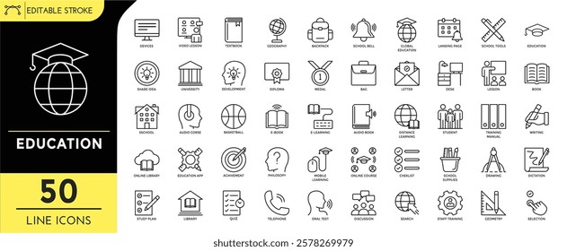 Education line editable icon set. education icons pixel perfect. school subject, education, book, school tools, global education, student, online course, and more. vector illustration.