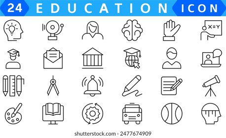 Education Line Editable Icons set. Vector illustration in modern thin line style of school icons: school subjects, supplies, science, and online learning. Isolated on white