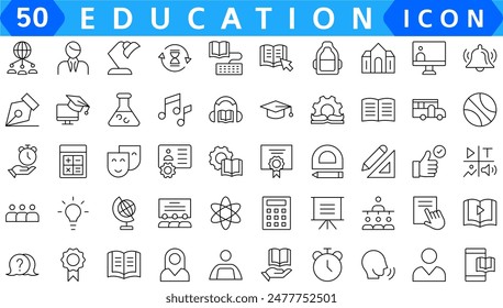 Conjunto de iconos editables de línea de Educación. Ilustración vectorial en el estilo moderno de línea delgada de los íconos escolares: materias escolares, suministros, ciencia y aprendizaje en línea. Aislado sobre blanco