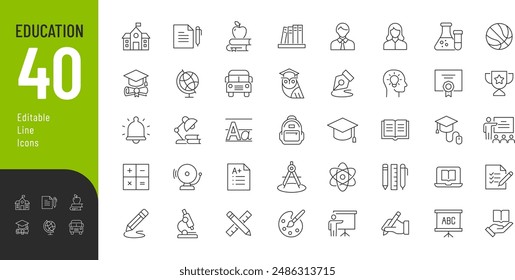 Conjunto de iconos editables de línea de Educación. Ilustración vectorial en el estilo moderno de línea delgada de los íconos escolares: materias escolares, suministros, ciencia y aprendizaje en línea. Aislado en blanco.