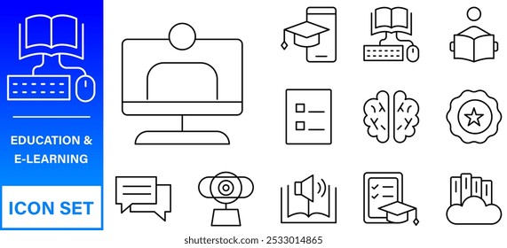 Conjunto de iconos editables de línea de Educación. Ilustración vectorial en estilo de línea delgada moderna de los iconos de la escuela: asignaturas escolares, suministros, ciencia y aprendizaje en línea. Aislado en blanco