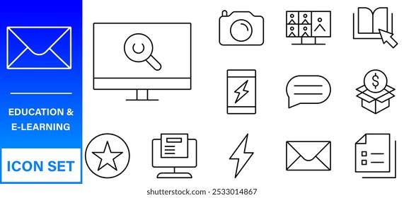 Conjunto de iconos editables de línea de Educación. Ilustración vectorial en estilo de línea delgada moderna de los iconos de la escuela: asignaturas escolares, suministros, ciencia y aprendizaje en línea. Aislado en blanco