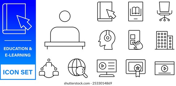 Conjunto de iconos editables de línea de Educación. Ilustración vectorial en estilo de línea delgada moderna de los iconos de la escuela: asignaturas escolares, suministros, ciencia y aprendizaje en línea. Aislado en blanco